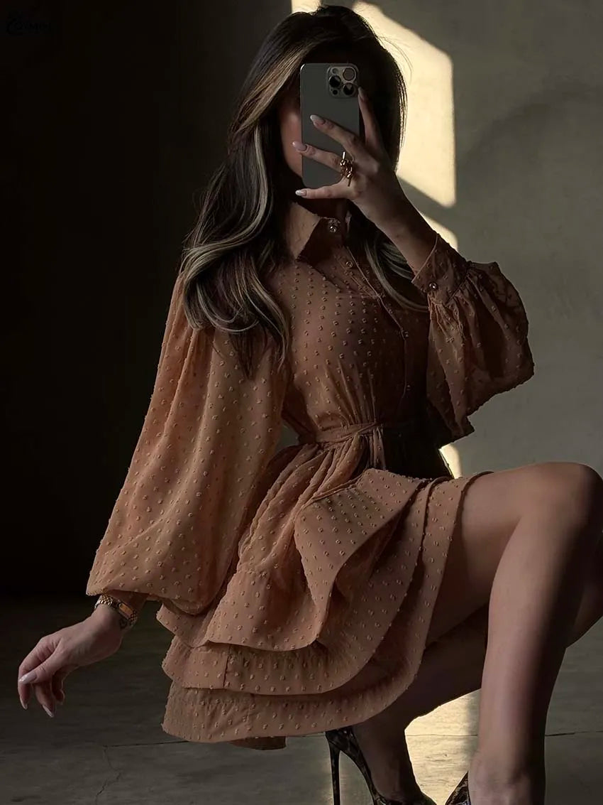 Oymimi Elegant Red Lapel Dresses 2025 Woman Casual Long Sleeve Single Breasted Dresses Fashion High Waisted Ruffled Mini Dress