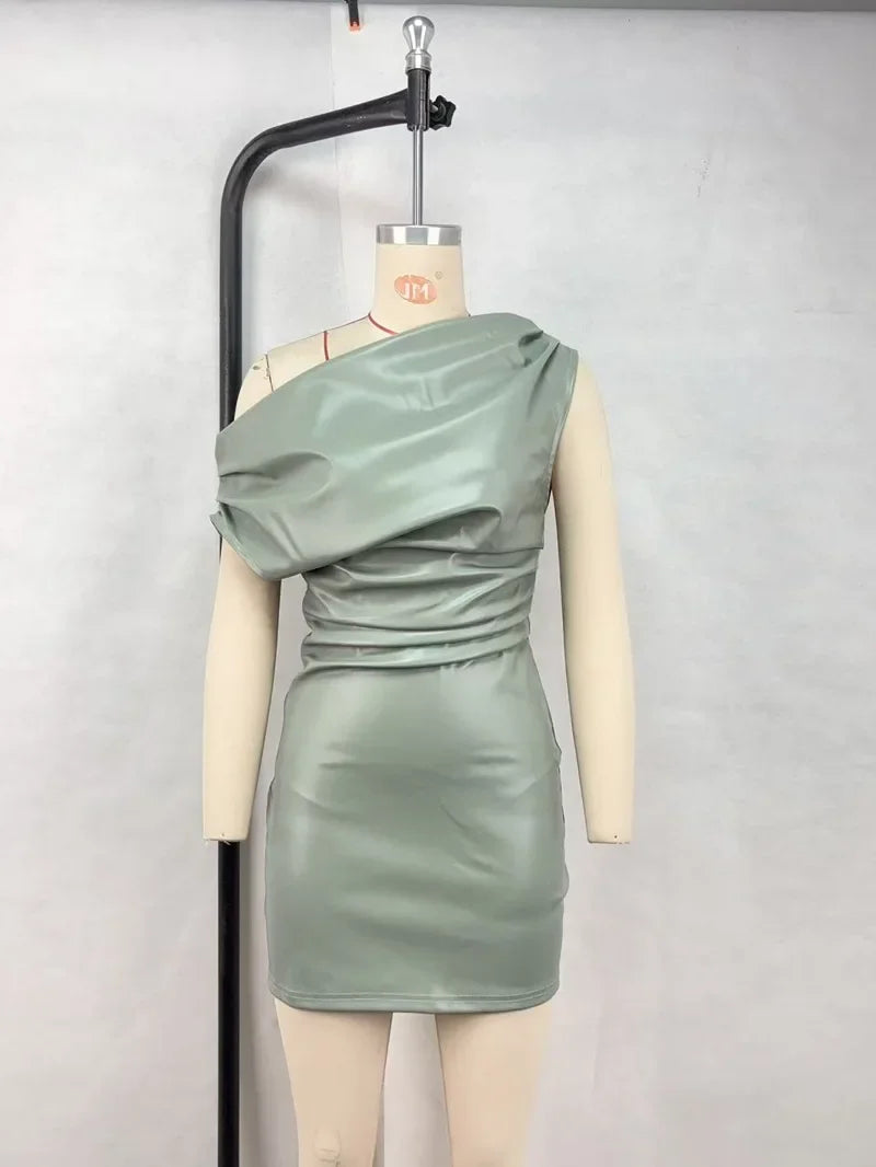 Elegant Inclined Shoulder Pu Leather Ruched Bodycon Mini Dress for Women
