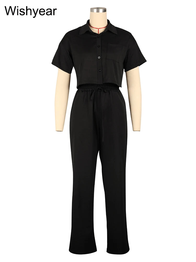 Casual Sports Linen Outfits Women's Short Sleeve Shirt and Wide Leg Pants Autumn 2 Piece Set Streetwear Office Fashion Tracksuit