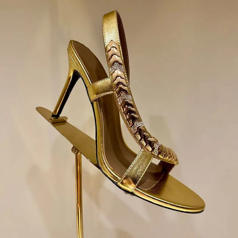 Glamorous Gold Chain Rhinestone Slingback Stiletto Heels for Women
