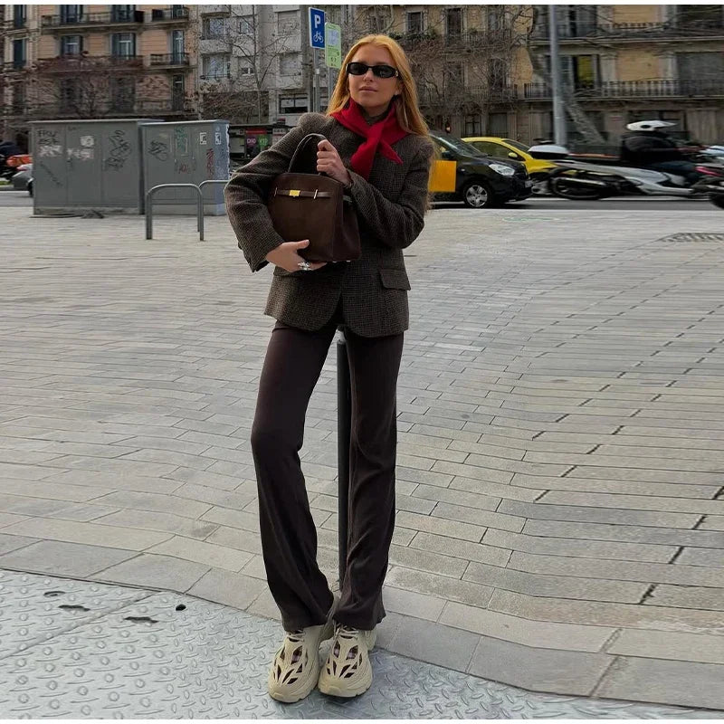 Elegant Grid Stand Collar Loose Single Breasted Woolen Coat for Women