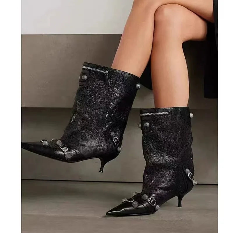 Punk Style Knee-High Rivet Detail Motorcycle Boots for Women