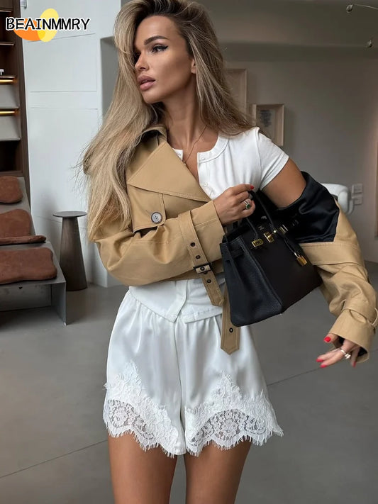 Women Lace Patchwork Satin Shorts Chic Loose Soild Wide Legs Elastic Short 2025 New Y2k Lady All Much Casual Street Outfits