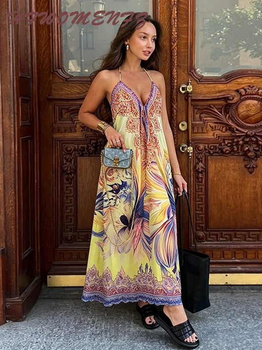Beach Print Halter Neck Backless Dress