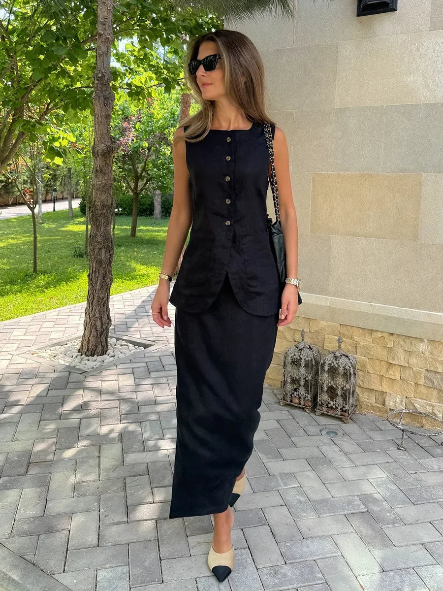 Breathable Linen High Waist Vest And Skirt Set For Women