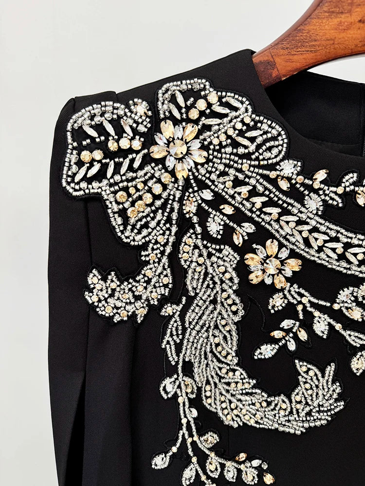HIGH STREET Newest Fashion 2026 Designer Party Vestido Women's Slit Sleeve Diamonds Beaded Maxi Long Dress