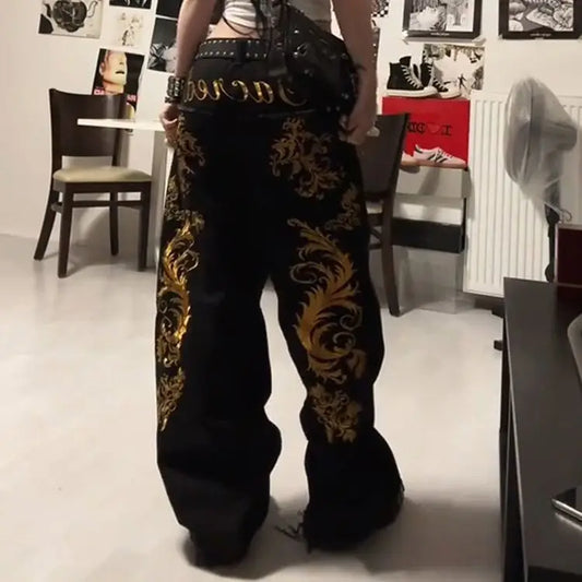 American Retro Dragon Print Straight Jeans Millennium Subculture Fashion Hot Girl Jeans Harajuku Hip Hop Y2k Pants Baggy Jeans