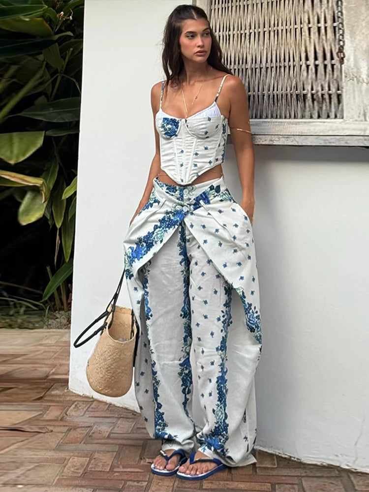 Printed Fishbone Top And Pleated Pants Two Piece Set For Women