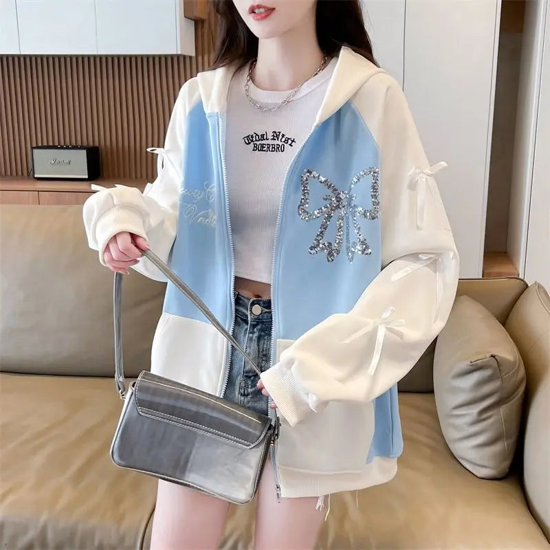 Woman Hooded Tops Bow Y2k Style Kpop Youthful Clothes Sweat-shirt Essential Matching Full Zip Up Hoodies Sweatshirt for Women