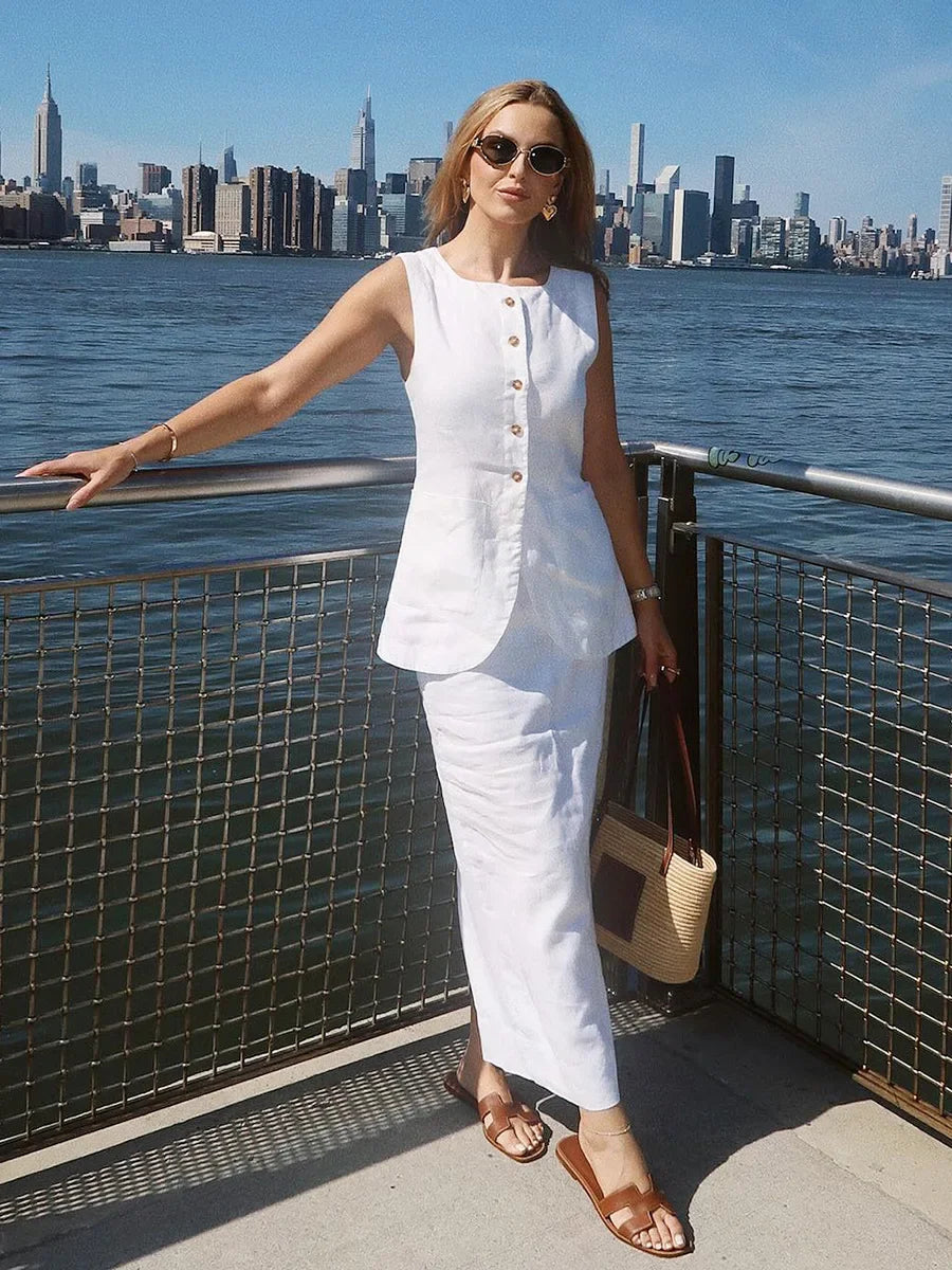 Breathable Linen High Waist Vest And Skirt Set For Women