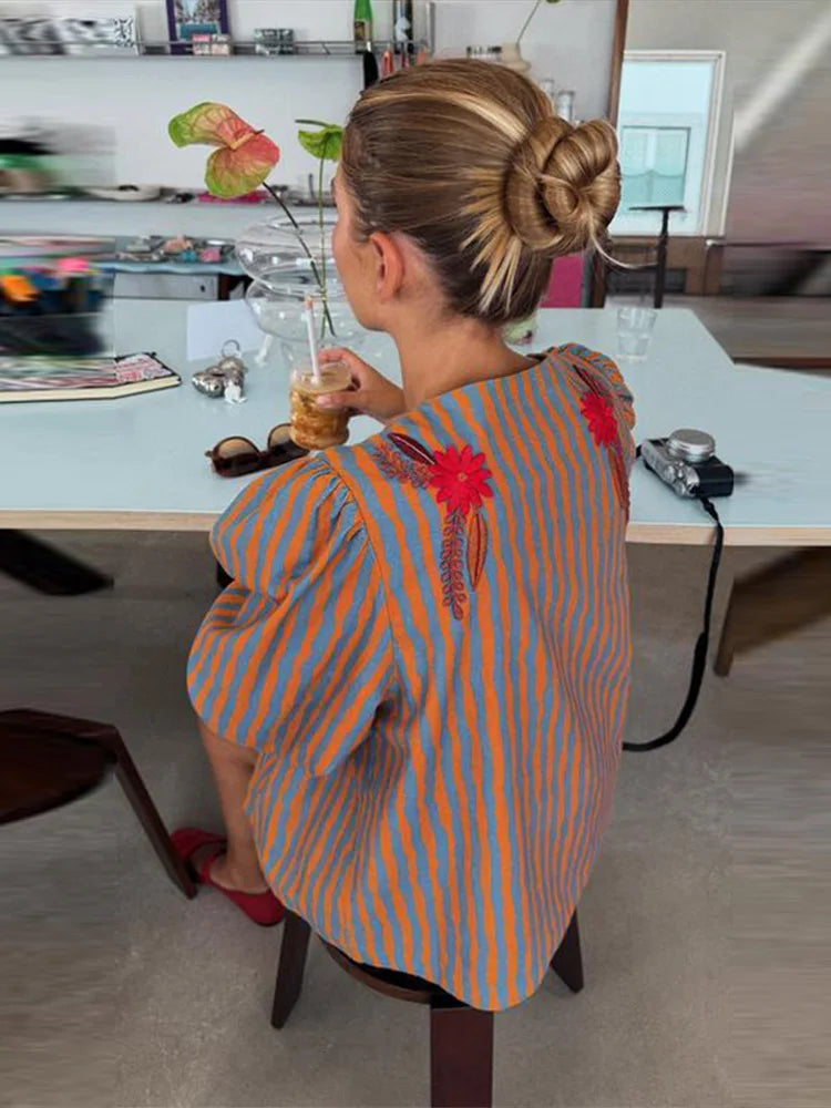 Elegant Striped Embroidered Open Stitch Jacket for Women