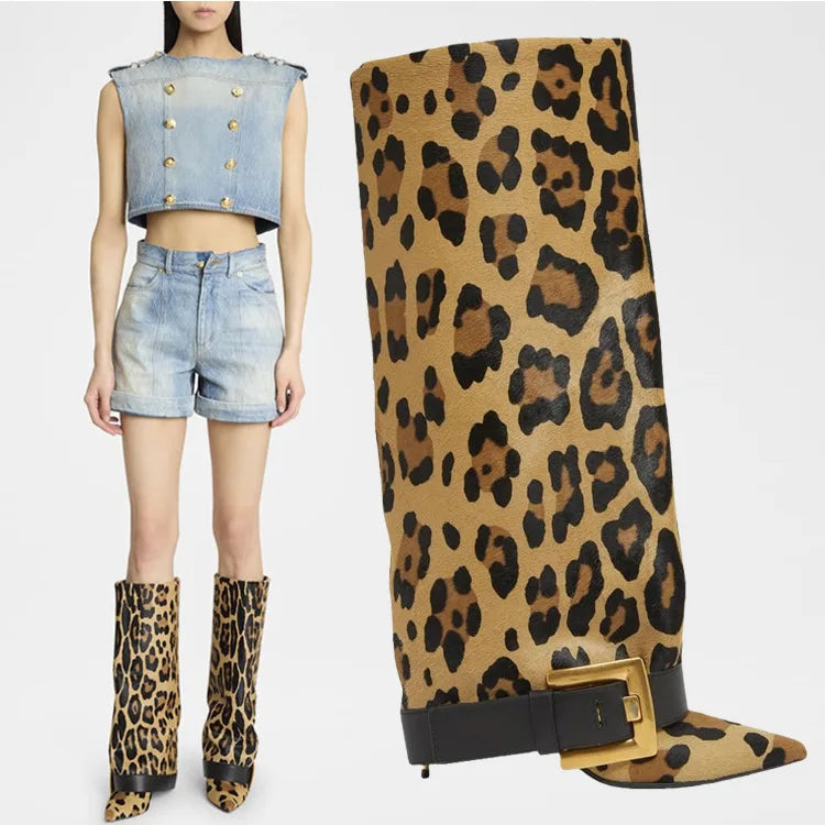 Design Women Metal High Heel Pointed Toe Belt Buckle Knee High Boots Sexy Women Pointy Gold Belt Buckle Knee Boots Plus Size 46