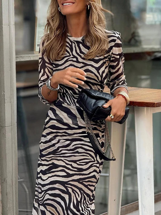 Long Sleeve Printing Fashion Maxi Dress, Women Loungewear Zebra Stripes Party Dress, Spring Autumn O-Neck Elegant Ladies Dress