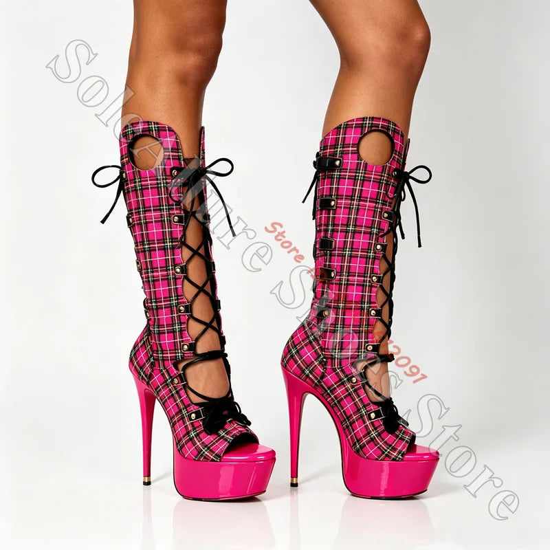 Hot Pink Tartan Corset Lace-Up Platform Thigh High Boots for Women
