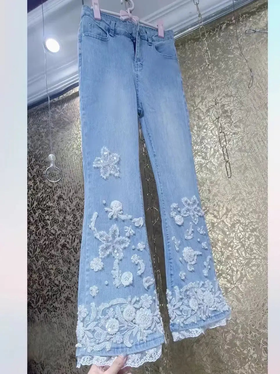 Luxury Design Embroidered Flares Denim Long Pant for Women's Pants pantalones de mujer Woman Clothing Ladies Trousers