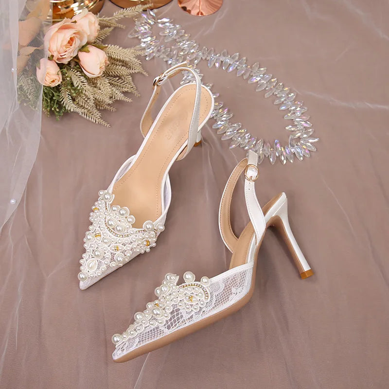 Lace Pearl Beaded Pointed Toe Stiletto Heels for Women