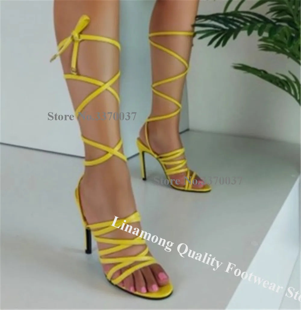 Elegant Green Yellow Butterfly Knot Lace Up Gladiator Sandals For Women