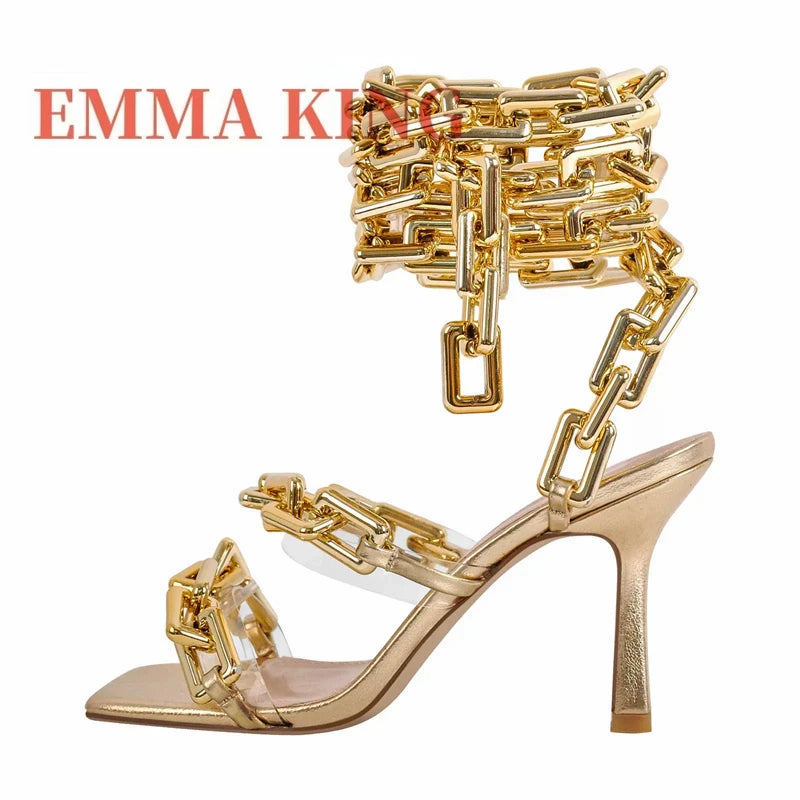 Gold Link Chain Square Toe Strappy Sandals for Women