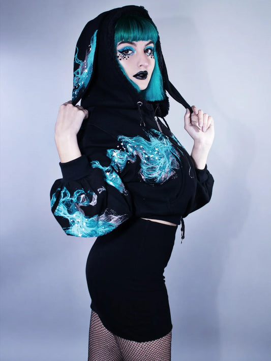 Streetwear Women Y2K Hoodies Black Gothic Zipper Graffiti Punk Printing Loose Short Hoodie Warm Stylish Retro Trendy Sports Tops