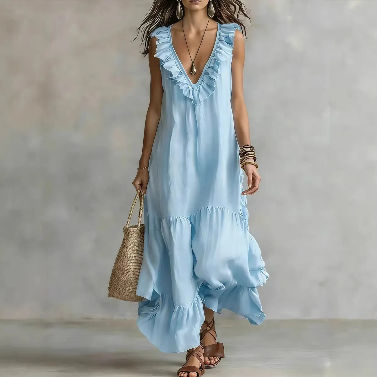 Spaghetti Strap V Neck Ruffle Trim Tiered Loose Flowy Maxi Dress for Women