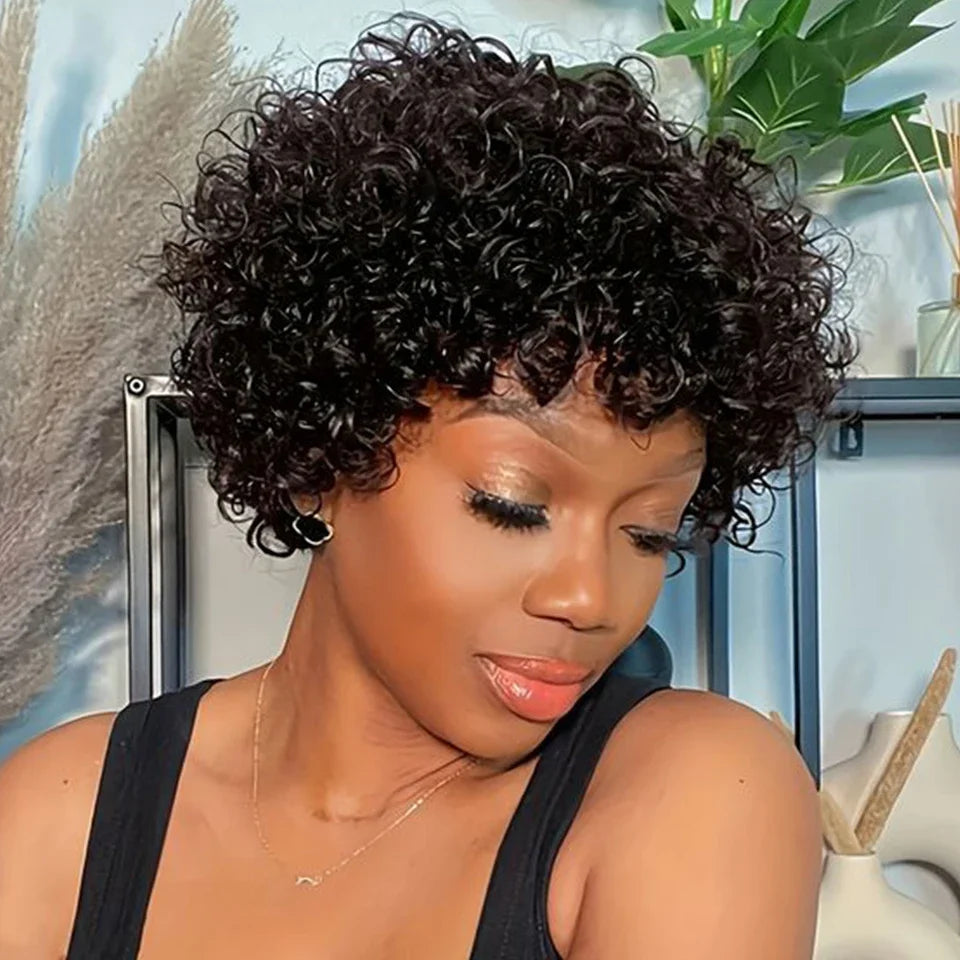 Short Kinky Curly Pixie Bob Human Hair Wig for Women