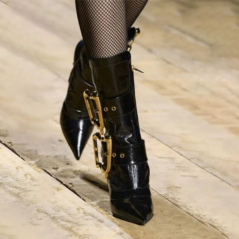Shiny Metal Belt Buckle Side Zip Knee-High Boots for Women
