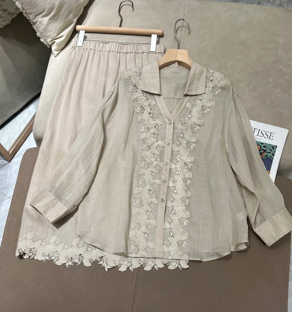 Embroidered Linen Blouse And Midi Skirt Set for Women