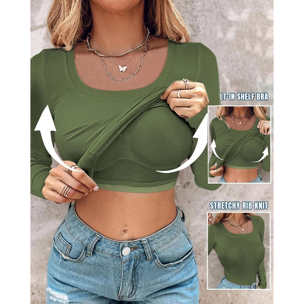 Autumn Spring Women U-Neck Built-in Bra Long Sleeve Ribbed Top Femme Skinny Casual Basic Easy Matching T-Shirts