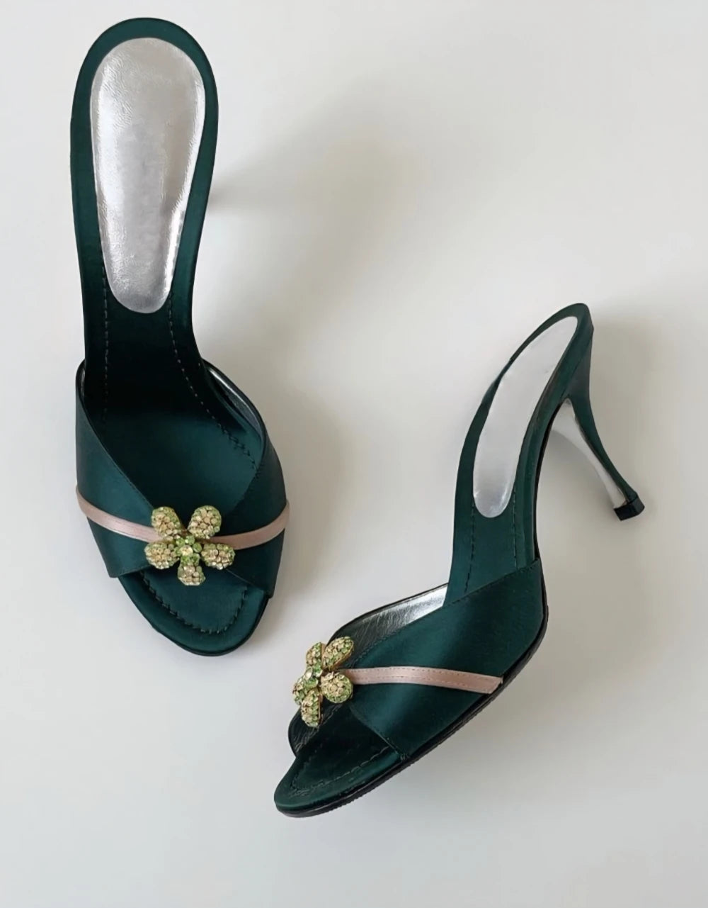 Retro Dark Green Satin Peep Toe Heels