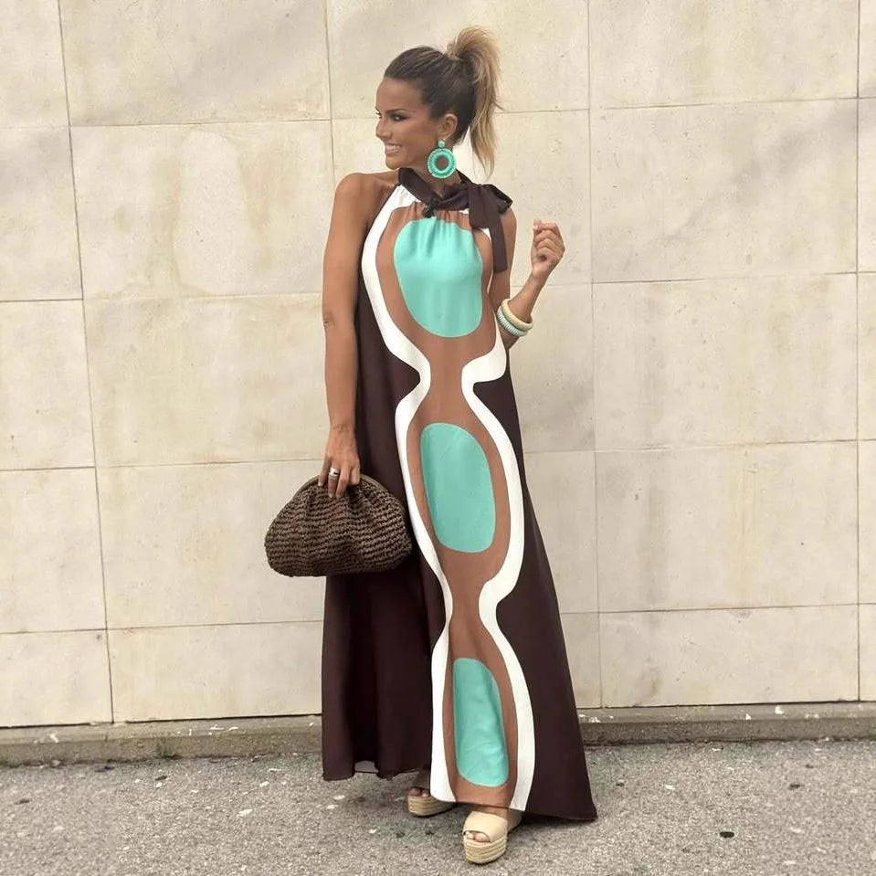 Casual Print Halter Neck Relaxed Fit Maxi Dress for Women