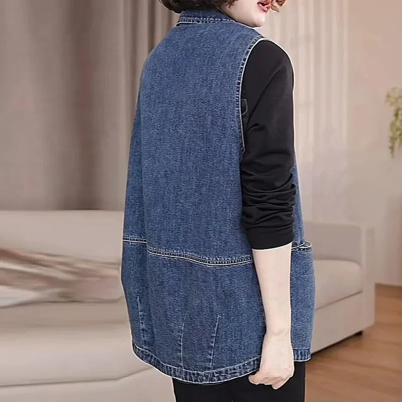 Lightweight Loose Denim Vest With Button Closure For Women