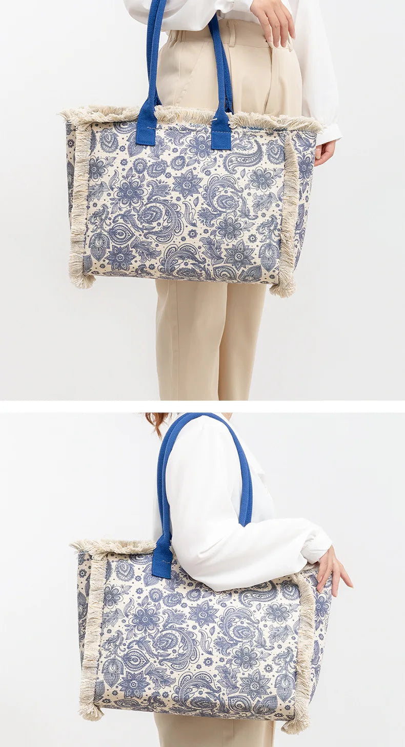 Tote bag Bohemian retro shoulder bag Zipper handbag Large capacity canvas bag Women's summer