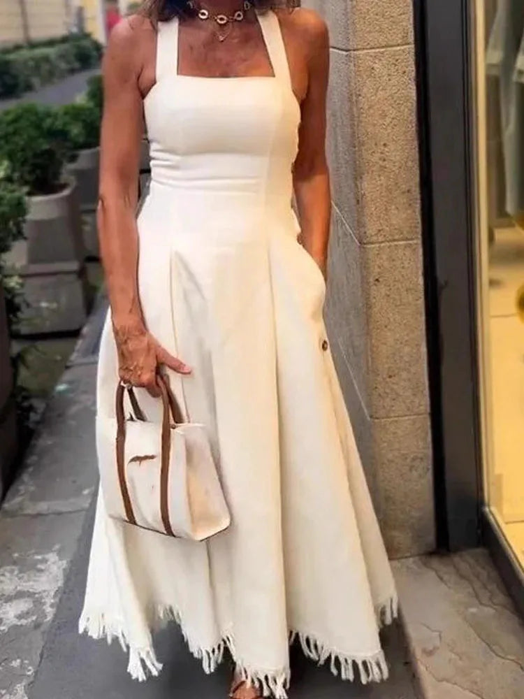 Fashion Square Collar Waist Slim Long Dress Women Casual Sleeveless Pocket Solid Party Dress Elegant Tassel Splicing Maxi Dress