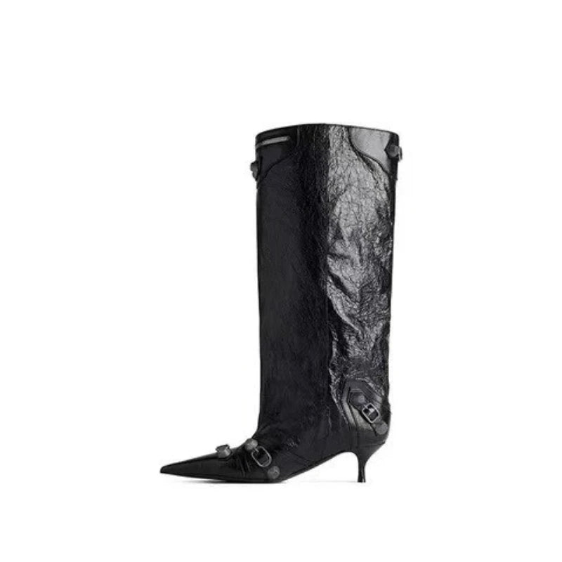 Punk Style Knee-High Rivet Detail Motorcycle Boots for Women