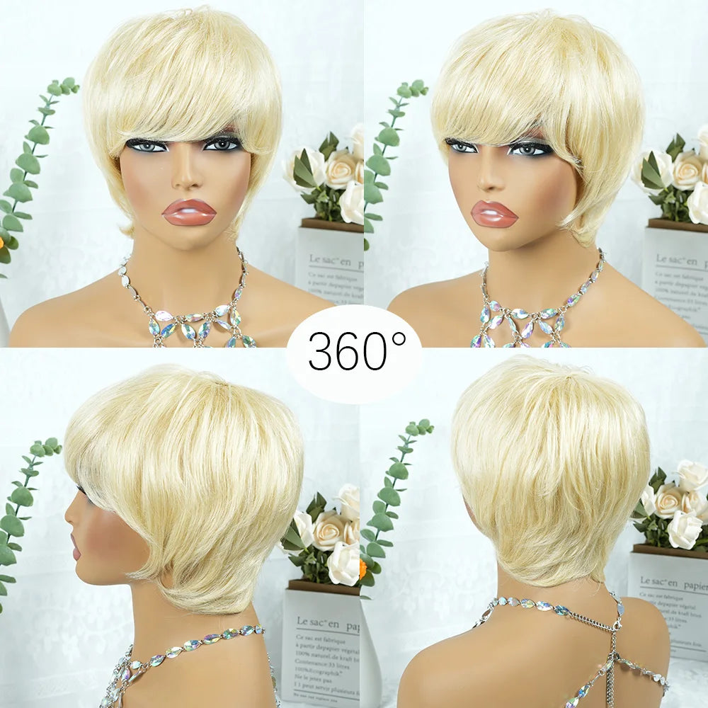 Machine Made Straight Short Blonde Human Hair Wig For Women