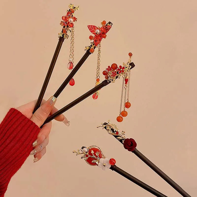 Red Floral Wooden Hanfu Hair Stick