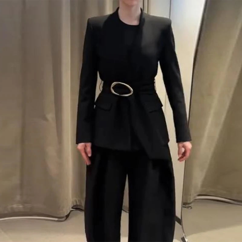 Elegant Solid Two Piece Blazer Pants Set for Women