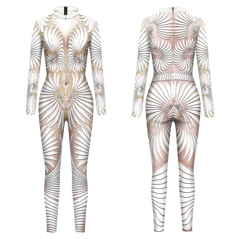 Elegant Skin Color Rhinestone Print Jumpsuit for Women