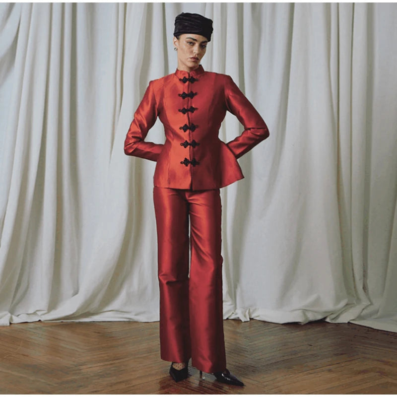 Elegant Satin Frog Button Standup Collar Jacket for Women