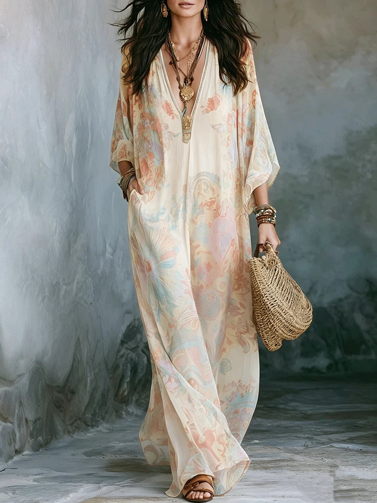 Vintage Print Deep V-Neck A-Line Ankle-Length Dress for Women
