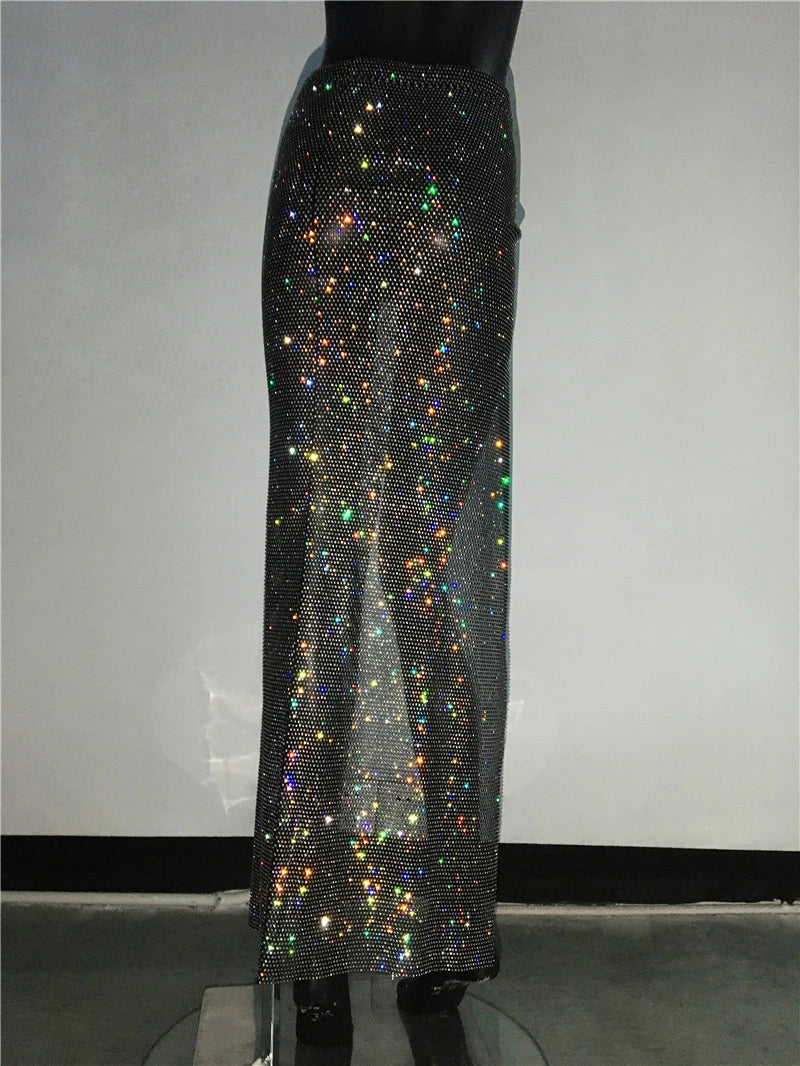Glitter Rhinestone Long Fishnet Split Skirt for Women