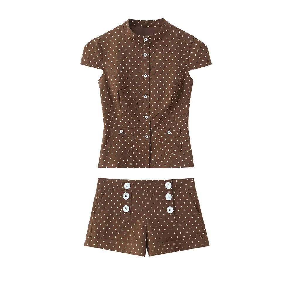Elegant Polka Dot Button T Shirt and Shorts Set for Women