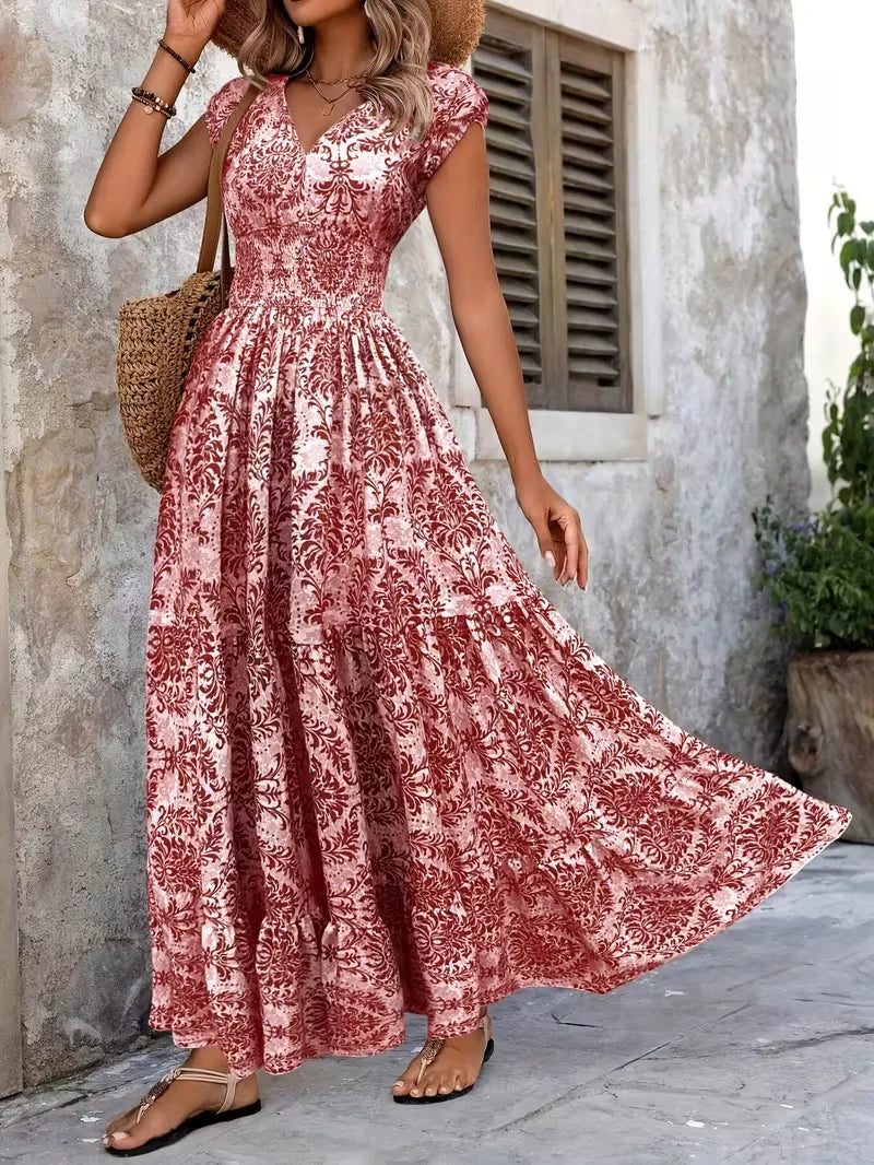 Bohemian Floral Printed V Neck Midi Dress For Women
