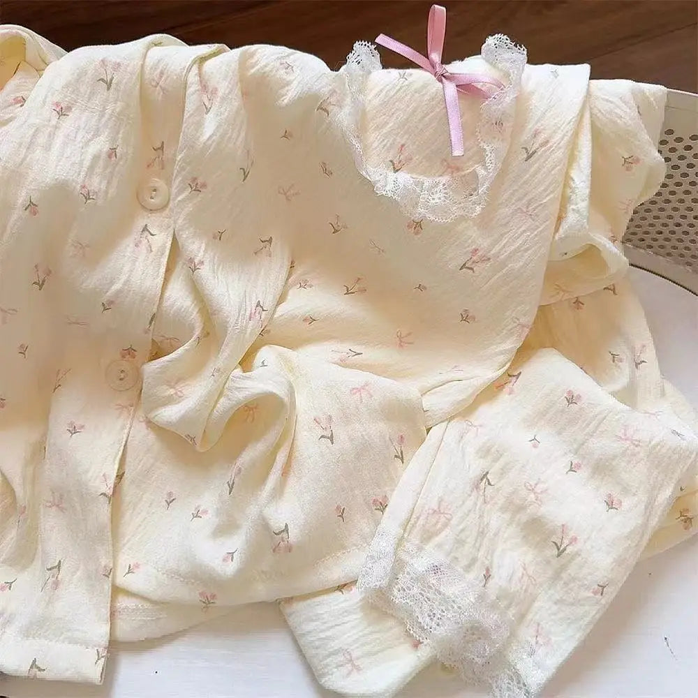 Floral Lace Bow Cardigan Pajama Set