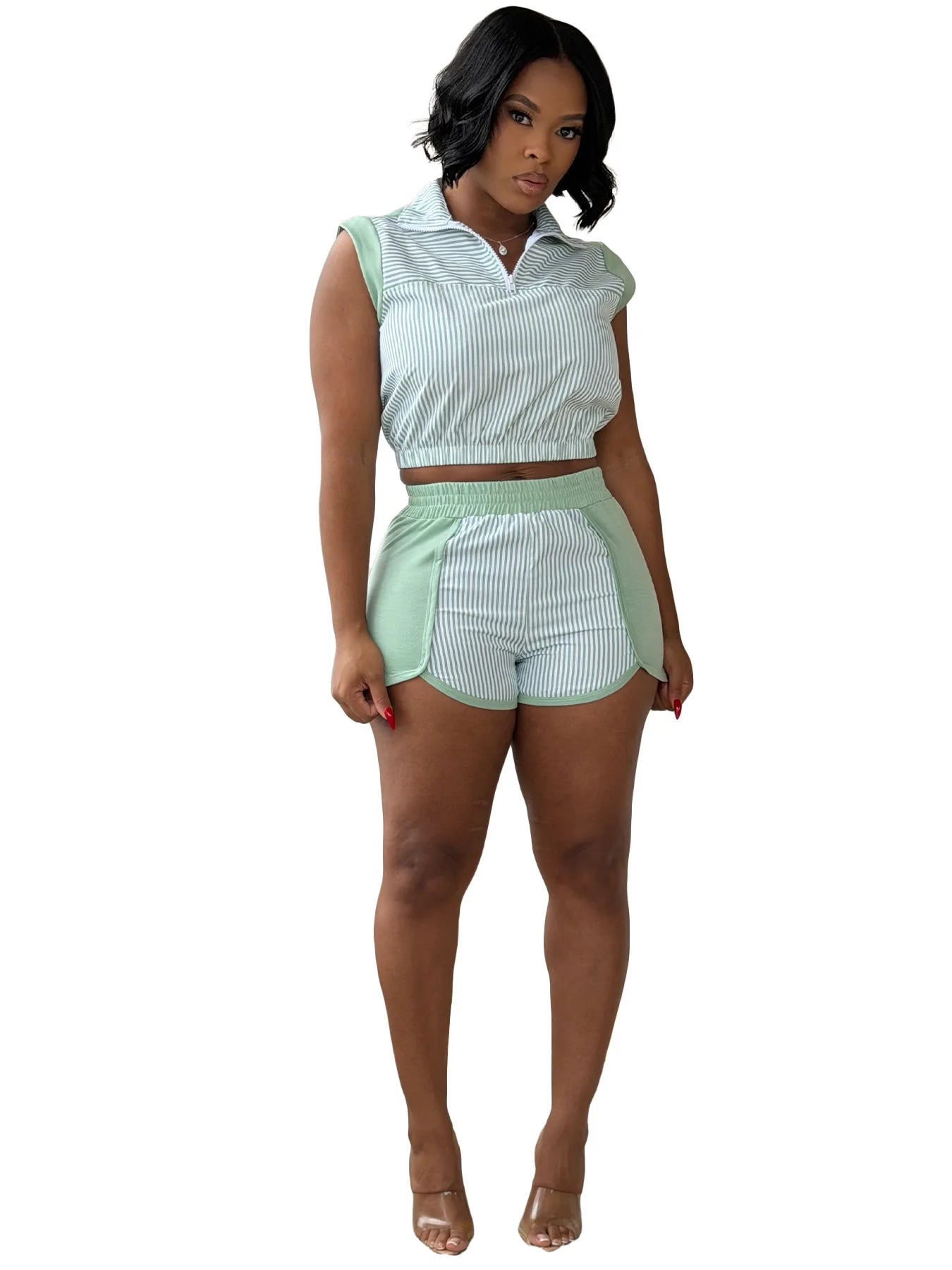 Striped Patchwork Crop Top and Shorts Set for Women