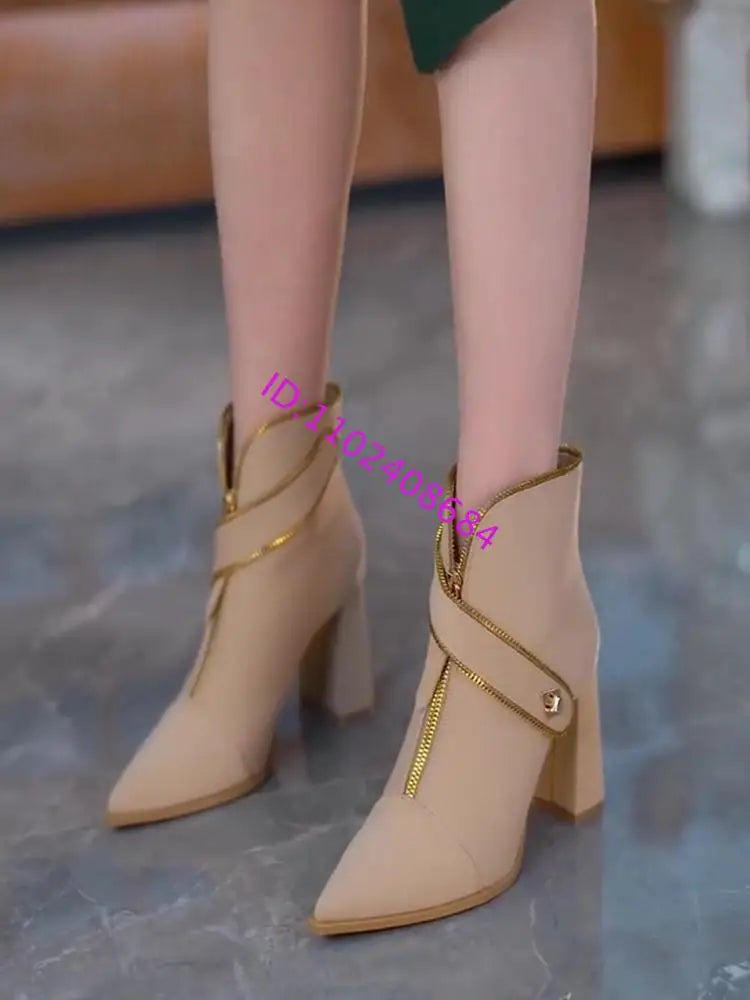 Chunky Heel Pointed Toe Front Zipper Ankle Boots for Women