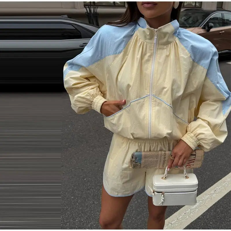 Contrast Half-Zip Stand Collar Short Jacket for Women
