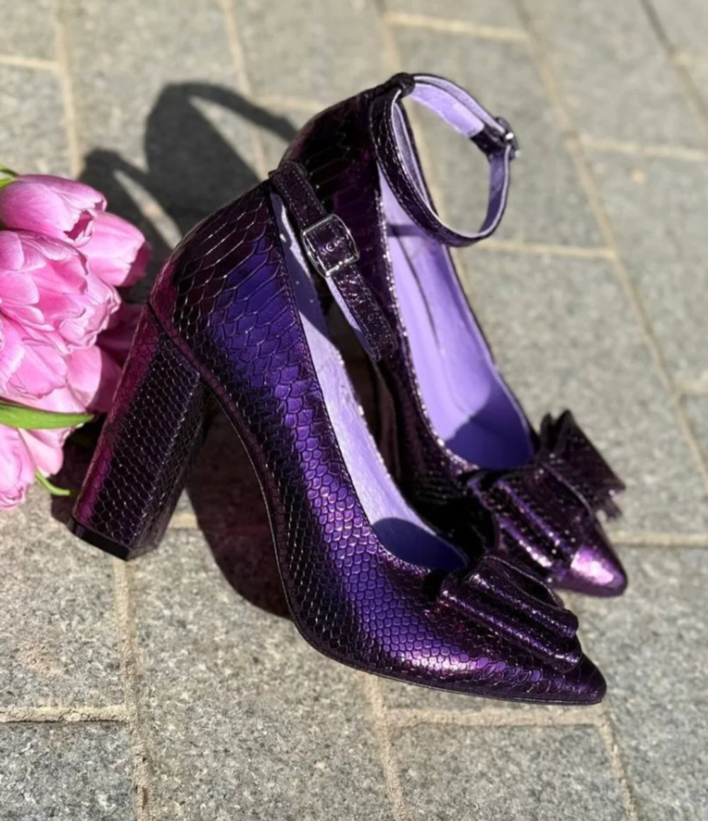 Oversized Bow Shimmery Violet Snake Pointed Toe Buckle Block Heels For Women