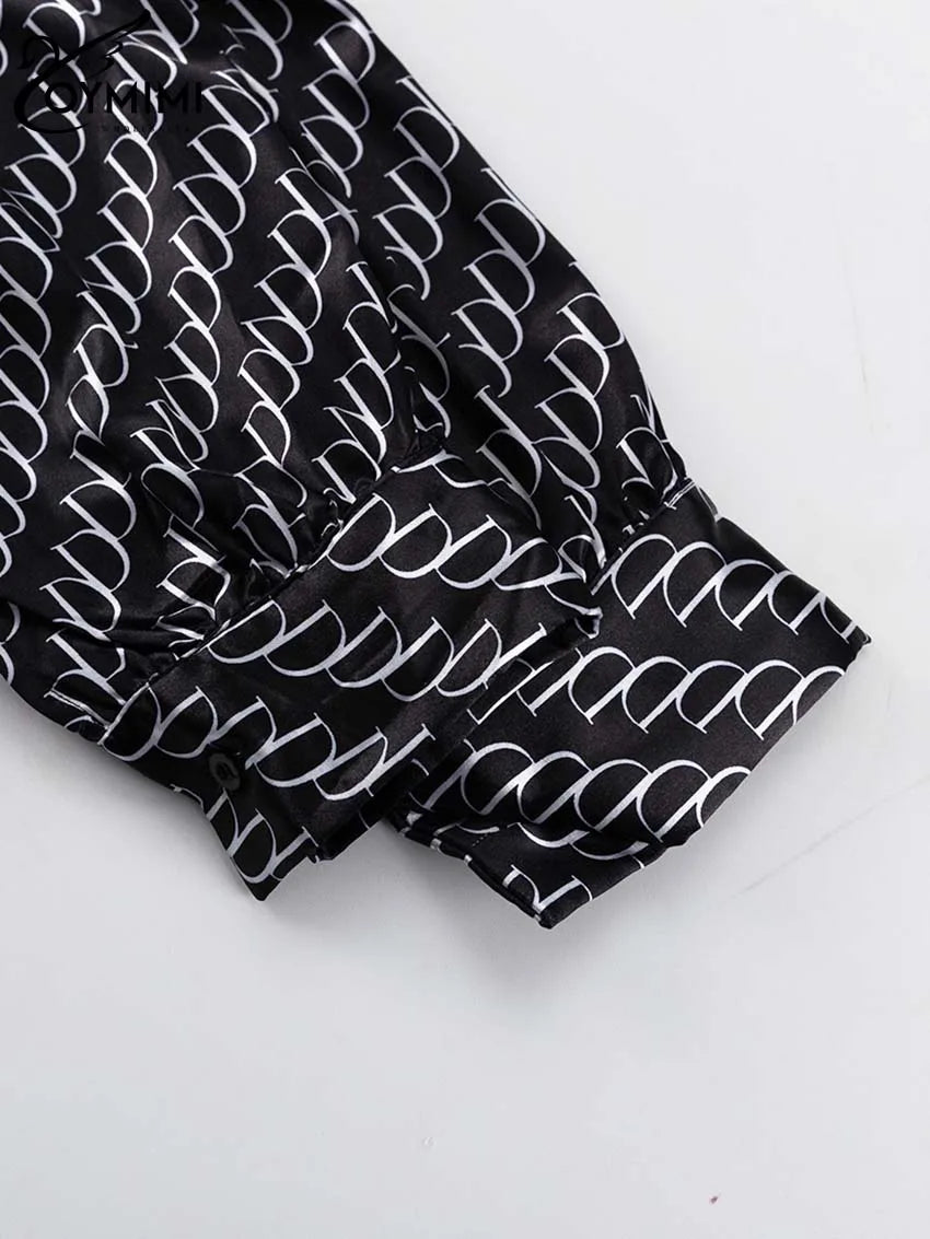 Oymimi Fashion Black Print Womens 2 Piece Outfit Set Elegant Lapel Long Sleeve Shirts And High Waisted Lopse Straight Pants Sets