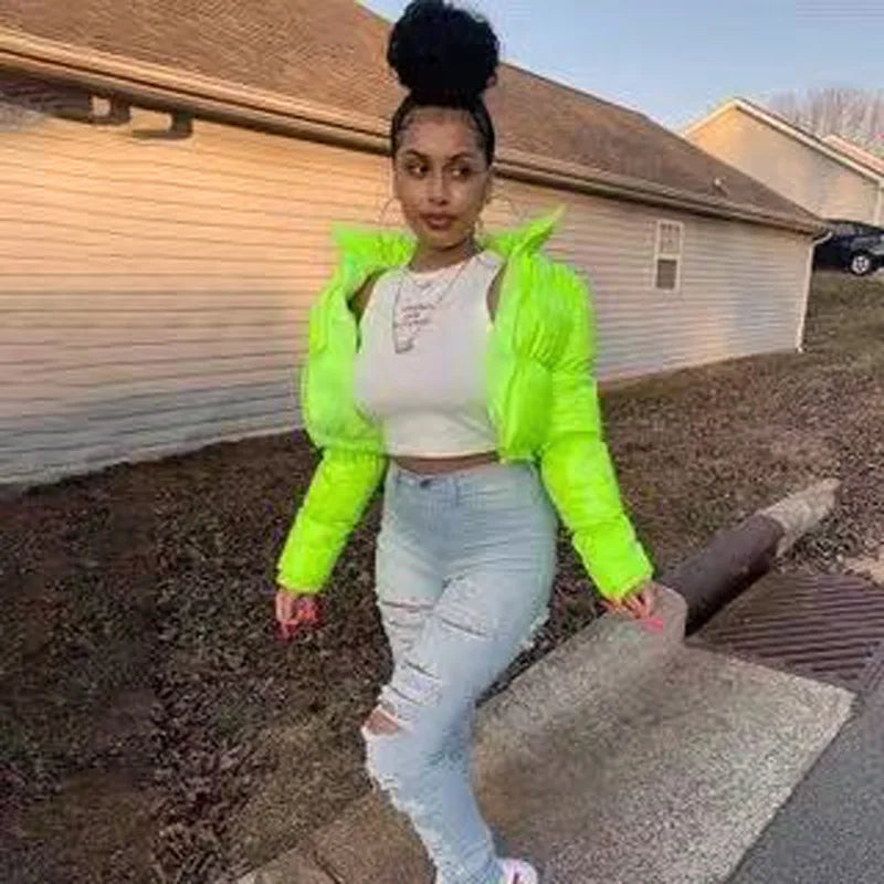 Shiny High Neck Cropped Winter Puffer Jacket for Women